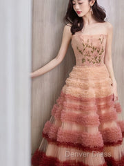 Gorgeous Balll Gown Strapless Tulle Pink Ruffles Long Evening Dresses Prom Dresses
