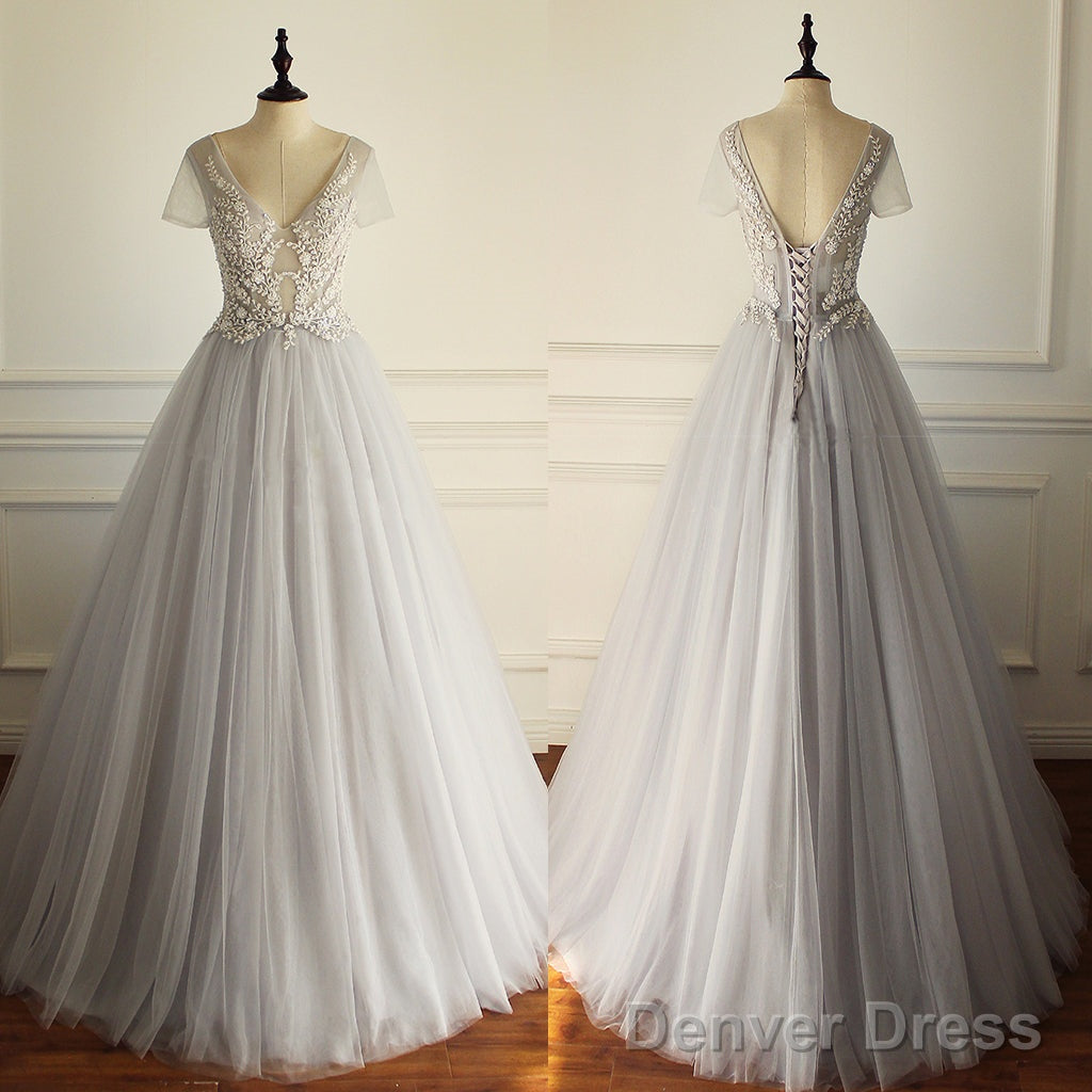 Gorgeous Beading Appliques Unique Gray Tulle A-Line Short Sleeve Lace Up Back Wedding Dress Main image