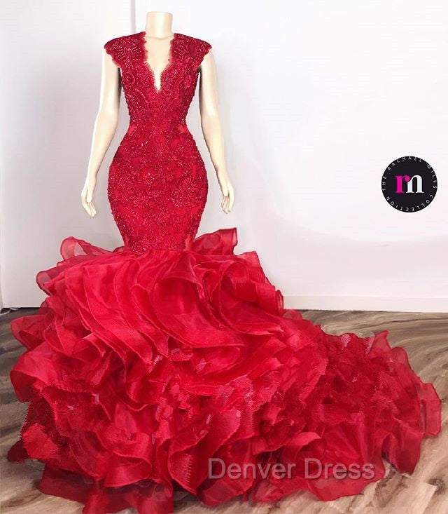Gorgeous Beads Appliques Red Prom Dresses Ruffles Fit and Flare Alluring Evening Gowns Secondary image