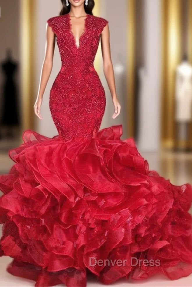 Gorgeous Beads Appliques Red Prom Dresses Ruffles Fit and Flare Alluring Evening Gowns Main image