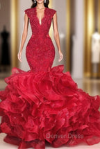 Gorgeous Beads Appliques Red Prom Dresses Ruffles Fit and Flare Alluring Prom Gown