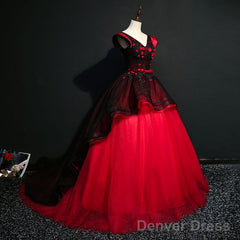 Gorgeous Black And Red Embroidery Quinceanera Dresses, Lace Applique Tulle Gowns