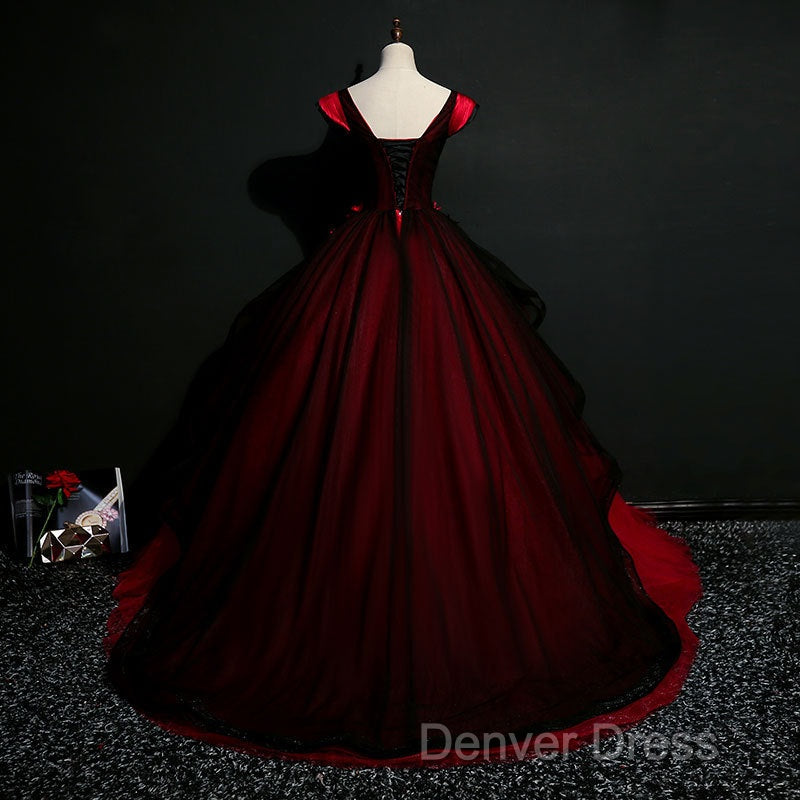 Gorgeous Black And Red Embroidery Quinceanera Dresses, Lace Applique Tulle Gowns