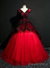 Gorgeous Black And Red Embroidery Quinceanera Dresses, Lace Applique Tulle Gowns