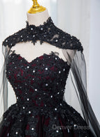 Gorgeous Black And Red Tulle Ball Gown Sweet 16 Dresses With Cape, Long Prom Dresses