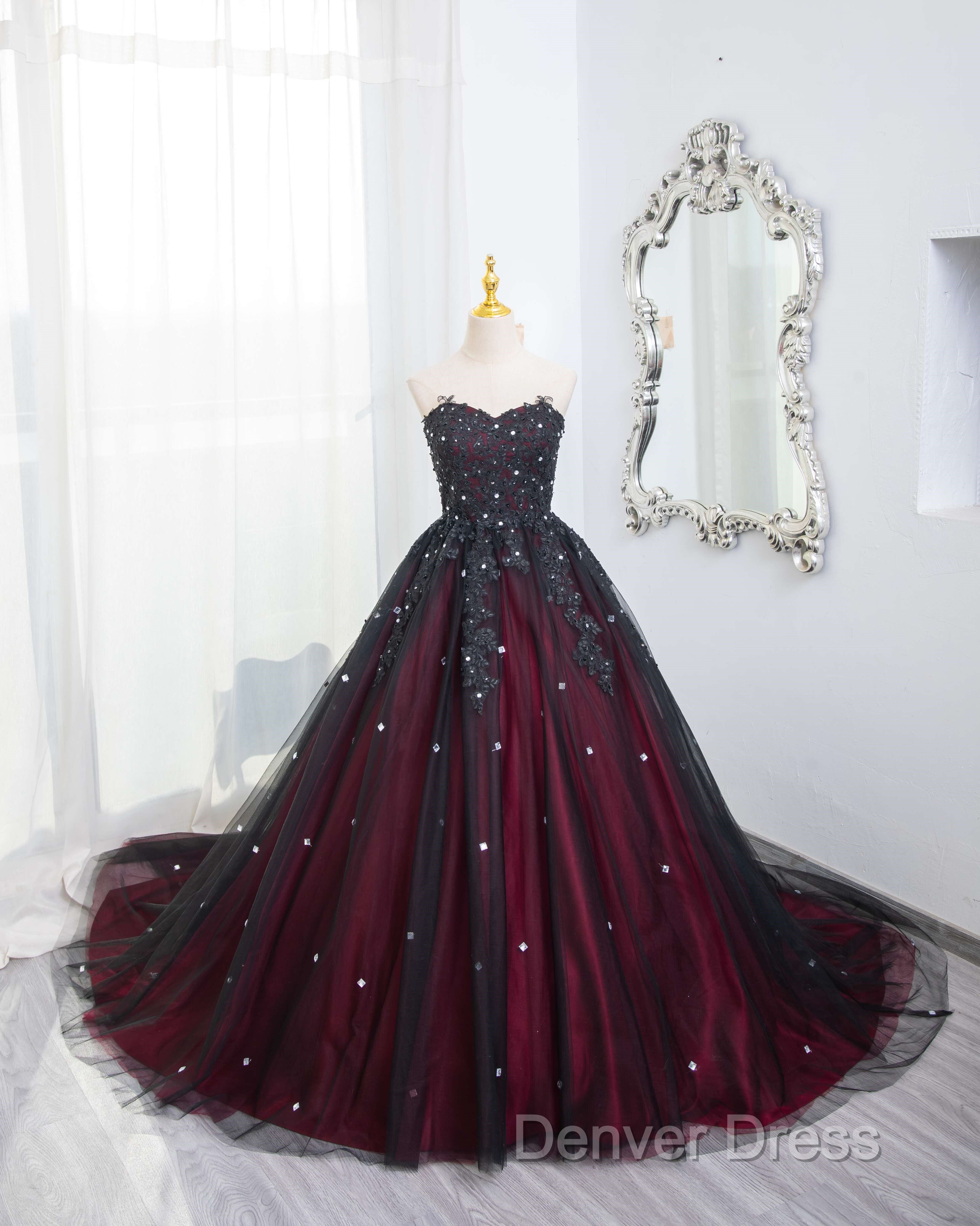 Gorgeous Black And Red Tulle Ball Gown Sweet 16 Dresses With Cape, Long Prom Dresses