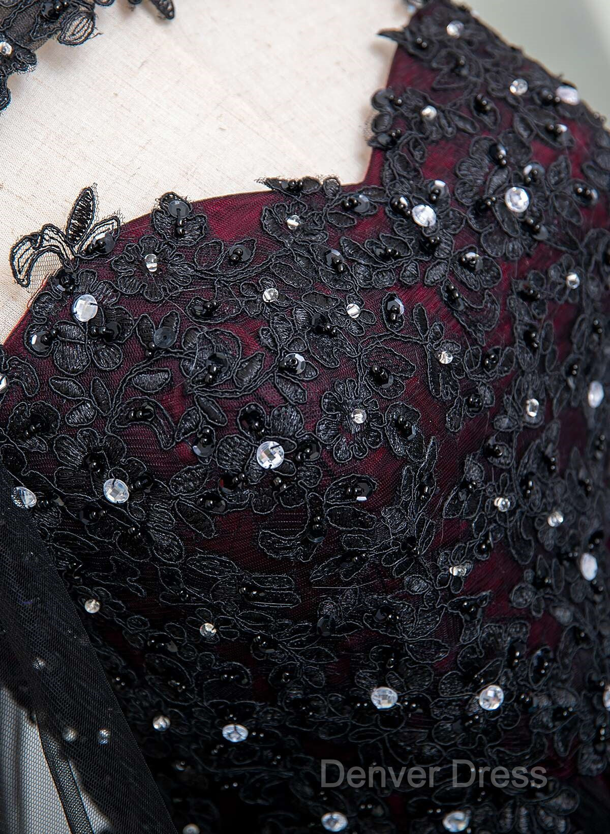 Gorgeous Black And Red Tulle Ball Gown Sweet 16 Dresses With Cape, Long Prom Dresses