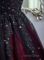 Gorgeous Black And Red Tulle Ball Gown Sweet 16 Dresses With Cape, Long Prom Dresses