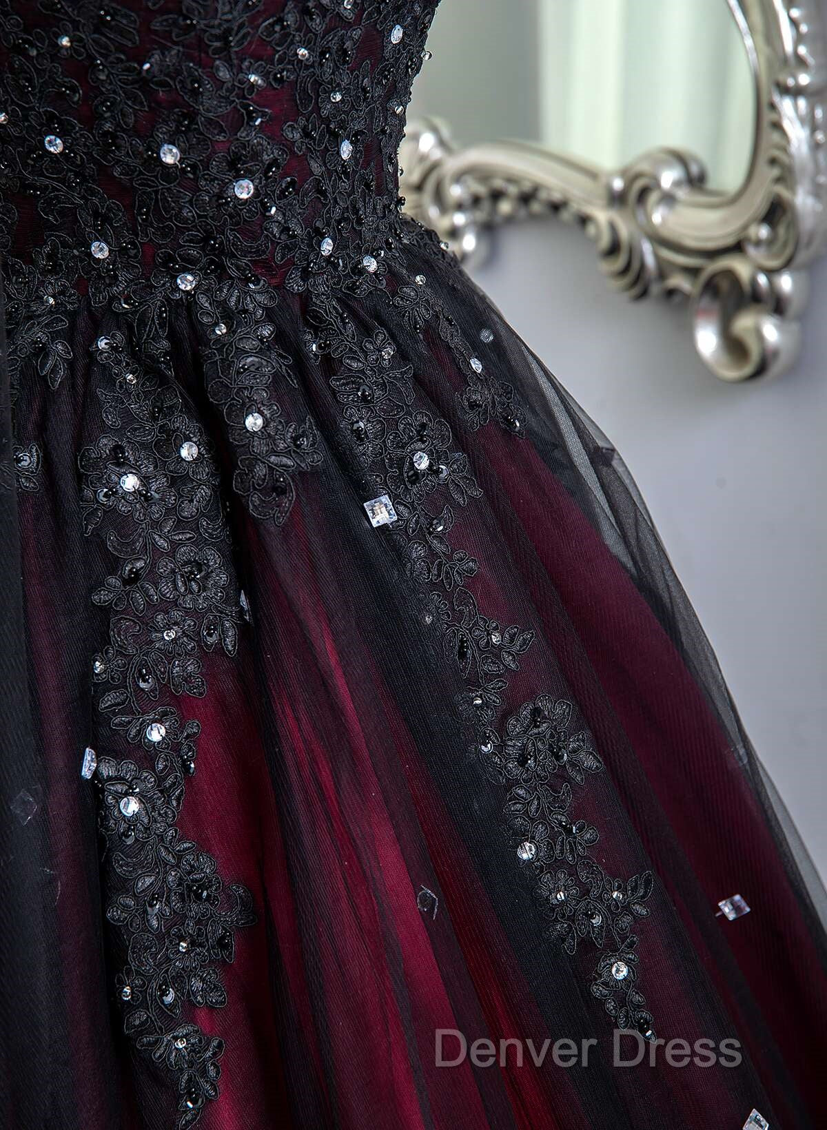 Gorgeous Black And Red Tulle Ball Gown Sweet 16 Dresses With Cape, Long Prom Dresses