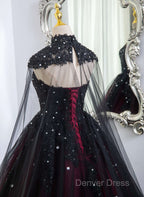 Gorgeous Black And Red Tulle Ball Gown Sweet 16 Dresses With Cape, Long Prom Dresses