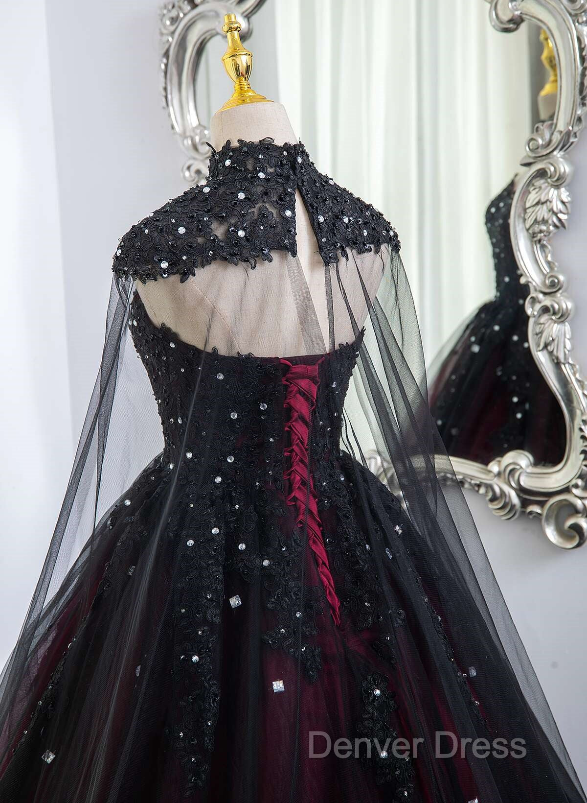 Gorgeous Black And Red Tulle Ball Gown Sweet 16 Dresses With Cape, Long Prom Dresses