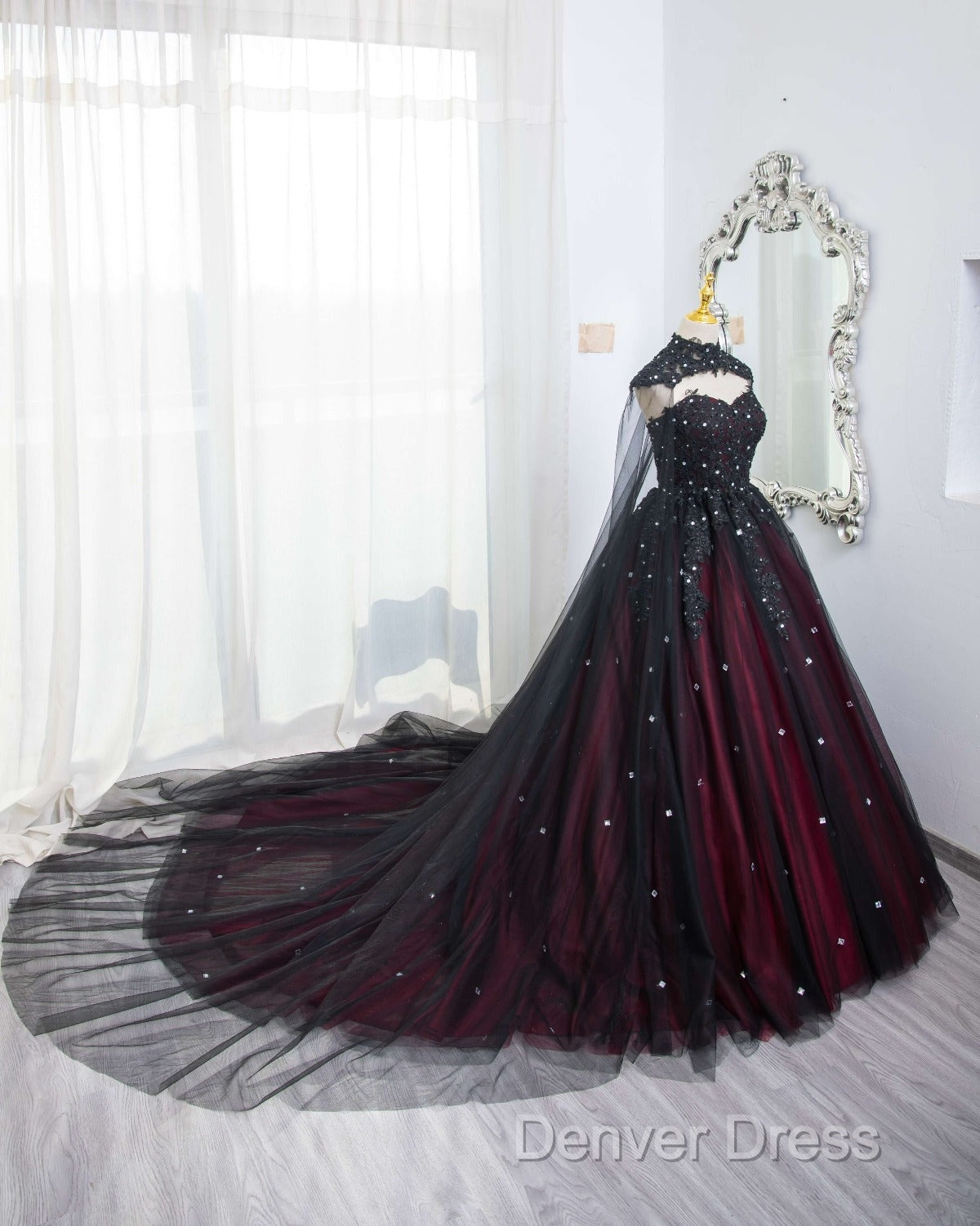 Gorgeous Black And Red Tulle Ball Gown Sweet 16 Dresses With Cape, Long Prom Dresses