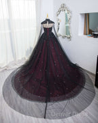 Gorgeous Black And Red Tulle Ball Gown Sweet 16 Dresses With Cape, Long Prom Dresses