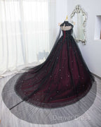 Gorgeous Black And Red Tulle Ball Gown Sweet 16 Dresses With Cape, Long Prom Dresses