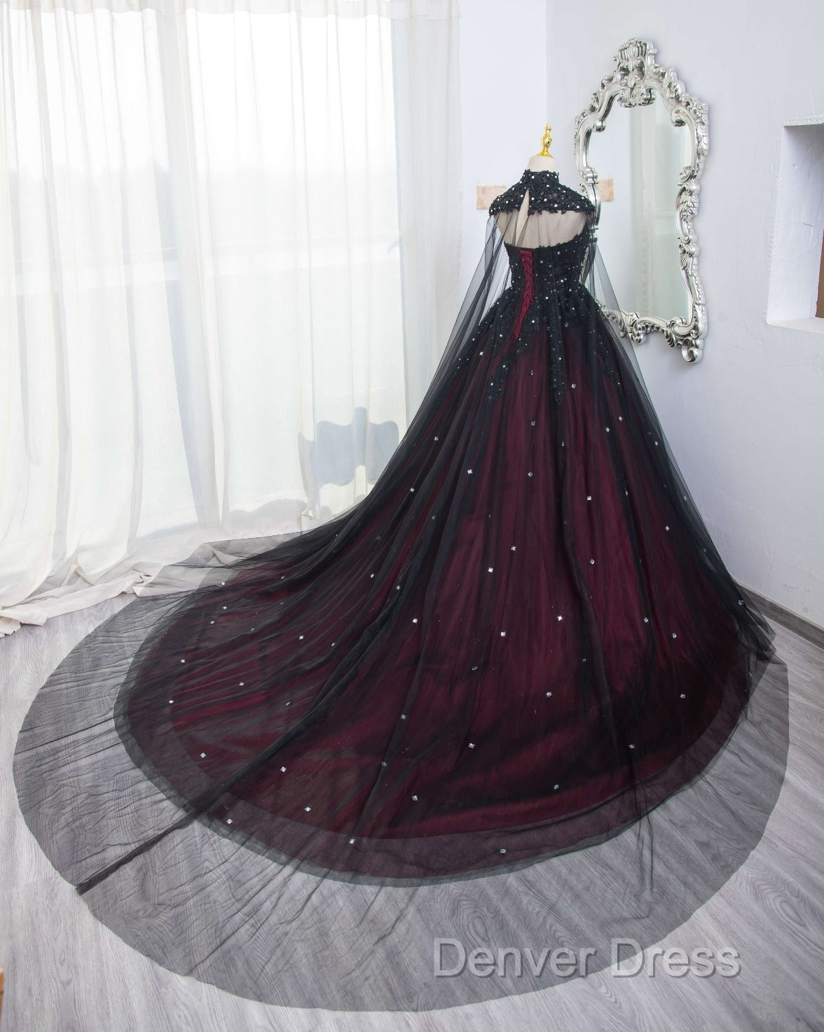 Gorgeous Black And Red Tulle Ball Gown Sweet 16 Dresses With Cape, Long Prom Dresses