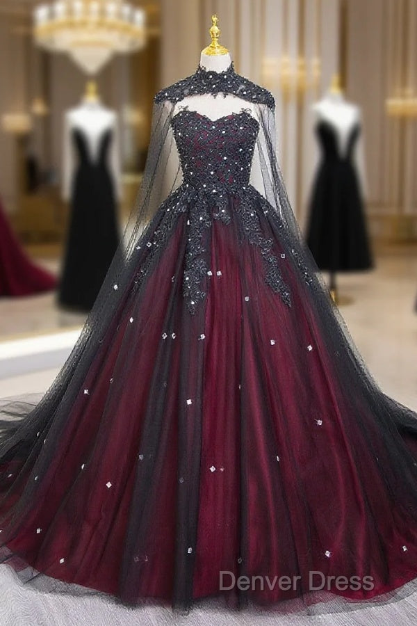 Gorgeous Black And Red Tulle Ball Gown Sweet 16 Dresses With Cape, Long Prom Dresses Main image