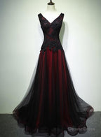 Gorgeous Black And Red V Neckline Tulle Beaded Prom Dresses, Long Prom Gowns