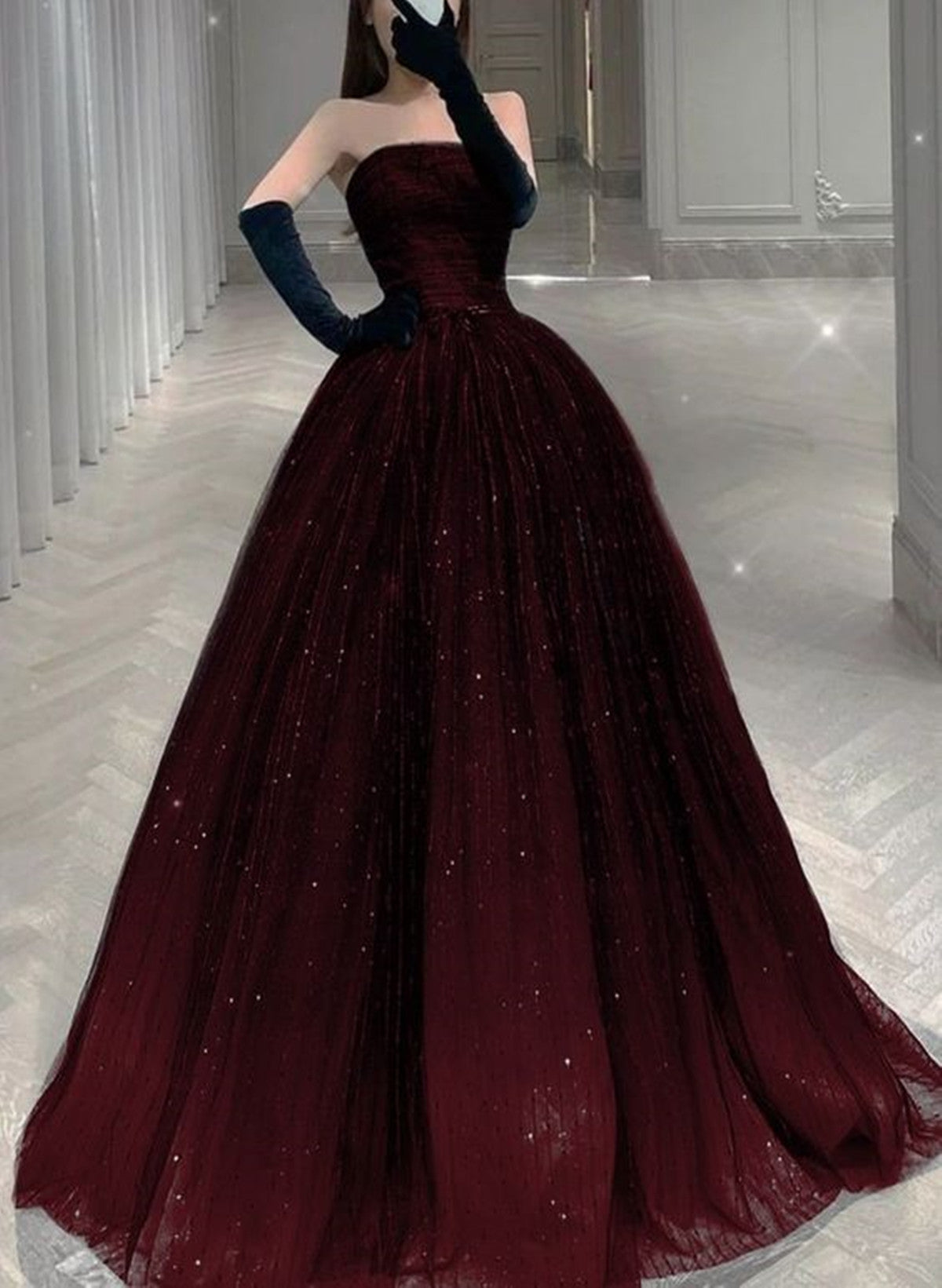 Gorgeous Black And Tulle Shiny Tulle Long Prom Dresses, Black And Red Prom Gowns Main image
