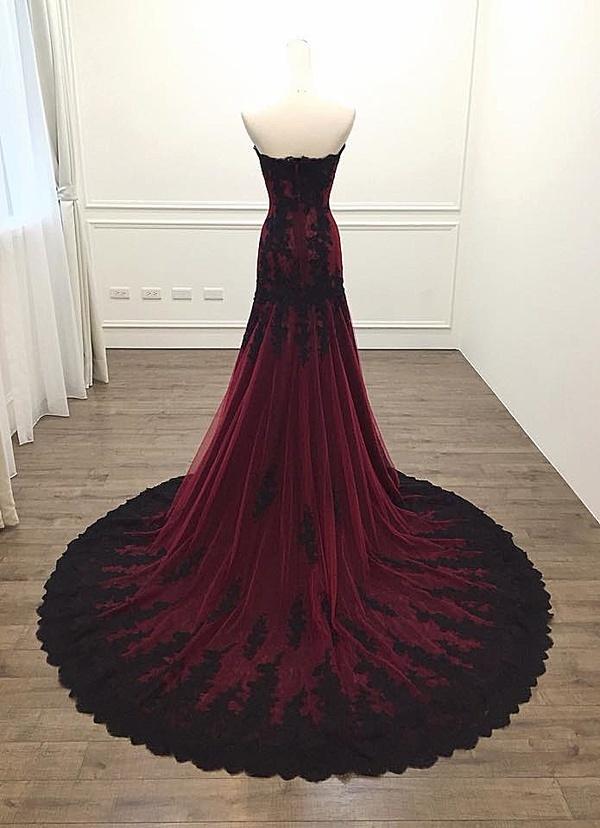 Gorgeous Black And Wine Red Mermaid Long Prom Gowns Prom Dress, Sweetheart Lace Prom Dresses Secondary image