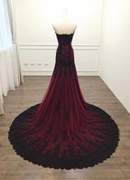 Gorgeous Black And Wine Red Mermaid Long Prom Gowns Prom Dress, Sweetheart Lace Prom Dresses