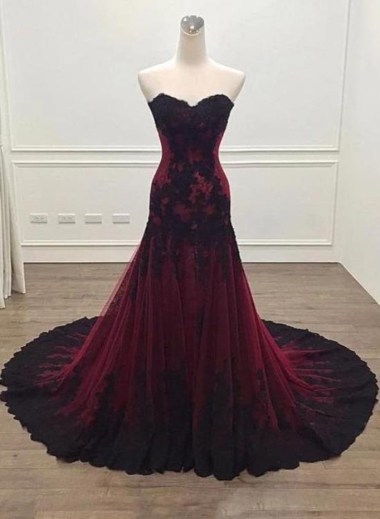 Gorgeous Black And Wine Red Mermaid Long Prom Gowns Prom Dress, Sweetheart Lace Prom Dresses Main image