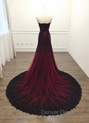 Gorgeous Black and Wine Red Mermaid Long Evening Gown Party Dresses, Sweetheart Lace Formal Dresses