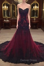 Gorgeous Black and Wine Red Mermaid Long Evening Gown Party Dresses, Sweetheart Lace Formal Dresses