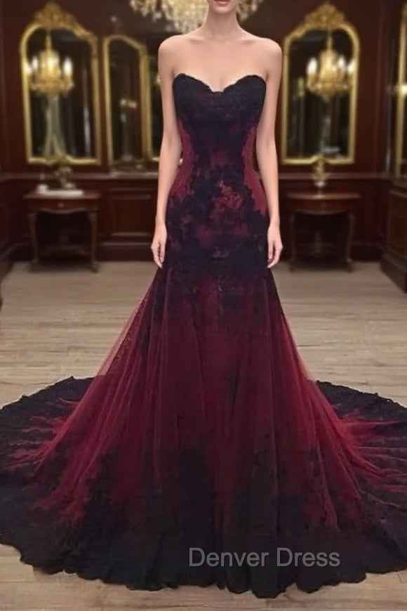 Gorgeous Black and Wine Red Mermaid Long Prom Gowns Prom Dress, Sweetheart Lace Prom Dresses Main image