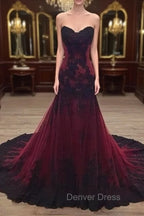 Gorgeous Black and Wine Red Mermaid Long Prom Gowns Prom Dress, Sweetheart Lace Prom Dresses