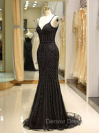 Gorgeous Black Evening Dresses Mermaid Luxury Heavy Beaded Straps Long Formal Evening Dresses