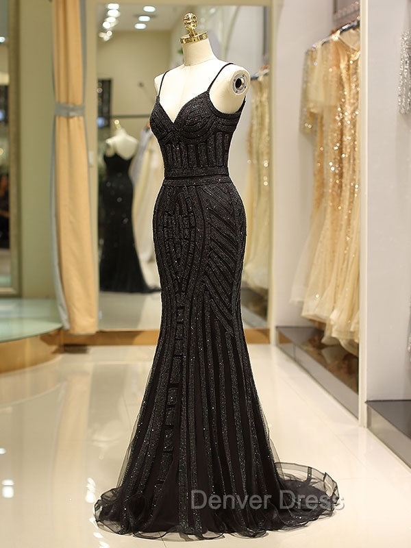 Gorgeous Black Evening Dresses Mermaid Luxury Heavy Beaded Straps Long Formal Evening Dresses