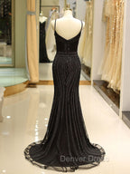 Gorgeous Black Evening Dresses Mermaid Luxury Heavy Beaded Straps Long Formal Evening Dresses