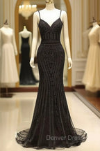 Gorgeous Black Evening Dresses Mermaid Luxury Heavy Beaded Straps Long Formal Evening Dresses