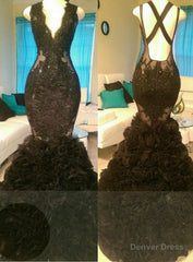 Gorgeous Black Mermaid V-Neck Tulle Appliques Open-Back Prom Party Gowns