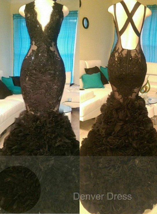 Gorgeous Black Mermaid V Neck Tulle Appliques Open Back Prom Gown Secondary image