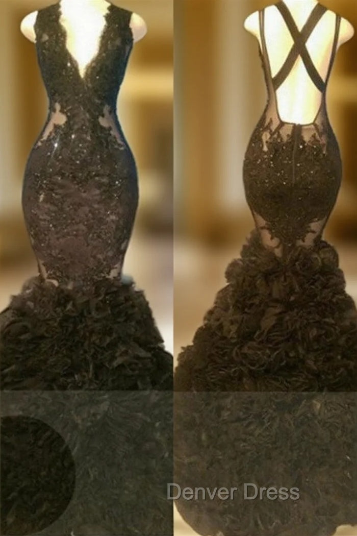 Gorgeous Black Mermaid V Neck Tulle Appliques Open Back Prom Gown