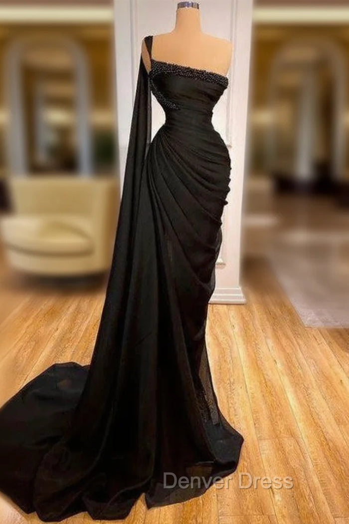 Gorgeous Black One Shoulder Mermaid Prom Dresses Long Ruffles Main image