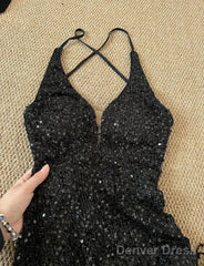 Gorgeous Black Sequin Mermaid Spaghetti Strap Vling Long Prom Dress Backless Formal Evening Dress