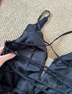 Gorgeous Black Sequin Mermaid Spaghetti Strap Vling Long Prom Dresses Backless Formal Evening Dresses