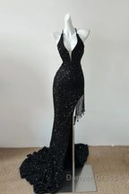 Gorgeous Black Sequin Mermaid Spaghetti Strap Vling Long Prom Dresses Backless Formal Evening Dresses