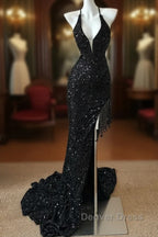 Gorgeous Black Sequin Mermaid Spaghetti Strap Vling Long Prom Dresses Backless Formal Evening Dresses
