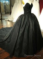 Gorgeous Black Sweetheart Crystal Ball Gowns Sweet 16 Dresses, Black Prom Gowns