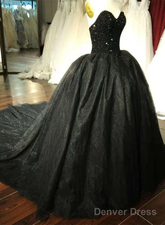 Gorgeous Black Sweetheart Crystal Ball Gowns Sweet 16 Dresses, Black Prom Gowns