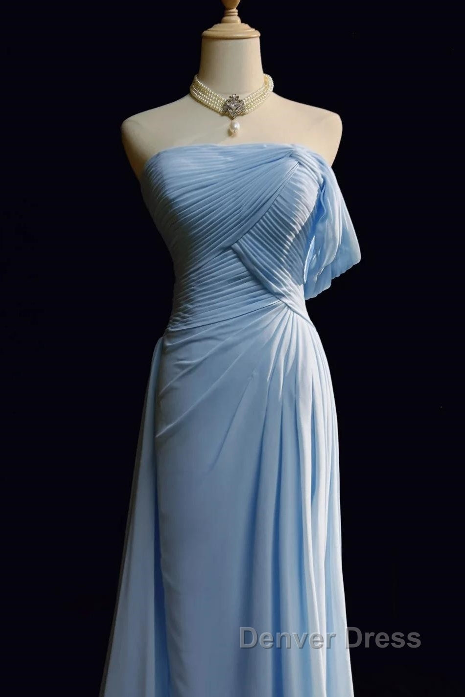 Gorgeous Blue A-Line Chiffon Pleated One Shoulder Slit Long Evening Gown Ball Gown Wedding Dresses