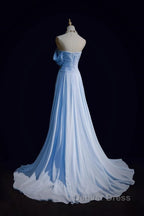 Gorgeous Blue A-Line Chiffon Pleated One Shoulder Slit Long Evening Gown Ball Gown Wedding Dresses