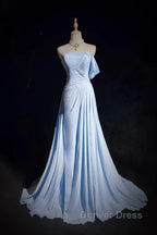 Gorgeous Blue A-Line Chiffon Pleated One Shoulder Slit Long Evening Gown Ball Gown Wedding Dresses