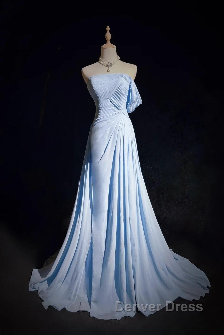 Gorgeous Blue A-Line Chiffon Pleated One Shoulder Slit Long Evening Gown Ball Gown Wedding Dresses