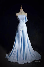 Gorgeous Blue A Line Chiffon Pleated One Shoulder Slit Long Prom Gowns Ball Gowns Wedding Dresses