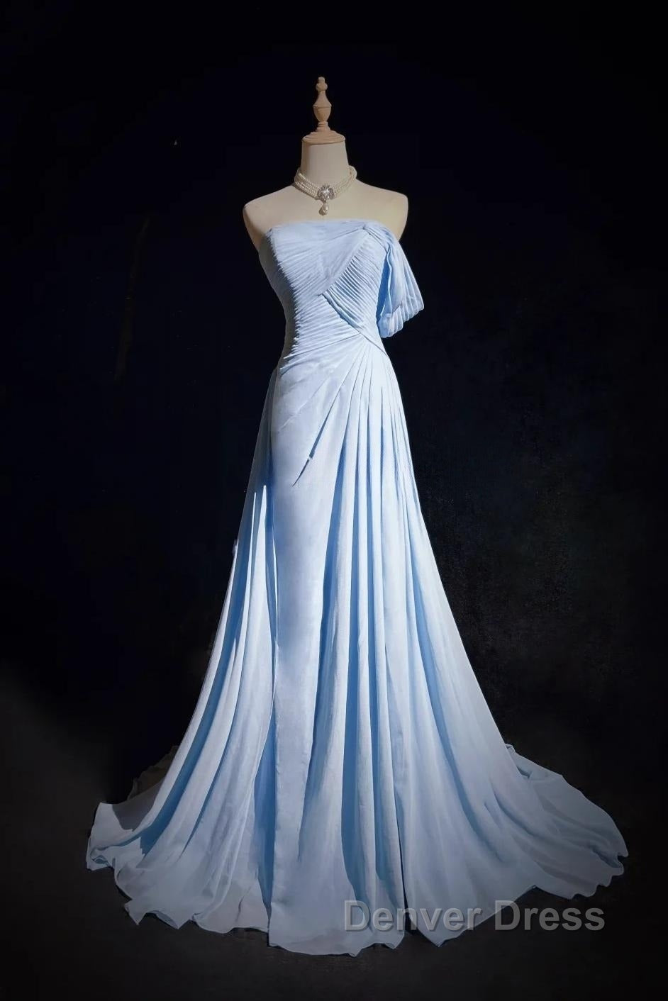 Gorgeous Blue A Line Chiffon Pleated One Shoulder Slit Long Prom Gowns Ball Gowns Wedding Dresses