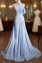 Gorgeous Blue A-Line Chiffon Pleated One Shoulder Slit Long Evening Gown Ball Gown Wedding Dresses